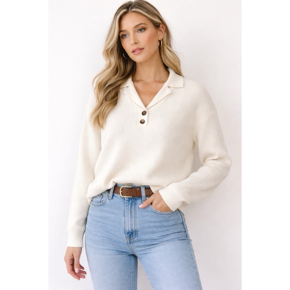 LILLUSORY Sweaters - LILLUSORY Women's S Ribbed Henley Sweater Top Ivory Button V-Neck Long Sleeve